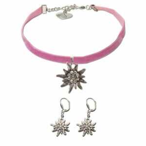 Alpenflüstern Ketten-Set Trachtenschmuck-Set Trachten-Samt-Kropfband und Ohrhänger Strass-Edelweiß (rosa-ros), – Damen-Trachten-Schmuck, Trachtenset Trachtenkette und Trachten-Ohrringe