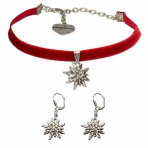 Alpenflüstern Ketten-Set Trachtenschmuck-Set Trachten-Samt-Kropfband und Ohrhänger Strass-Edelweiß (rot), – Damen-Trachten-Schmuck, Trachtenset Trachtenkette und Trachten-Ohrringe