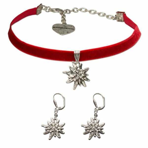 Alpenflüstern Ketten-Set Trachtenschmuck-Set Trachten-Samt-Kropfband und Ohrhänger Strass-Edelweiß (rot), - Damen-Trachten-Schmuck, Trachtenset Trachtenkette und Trachten-Ohrringe