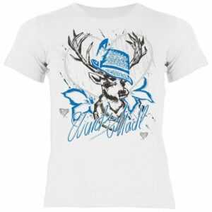 Tini – Shirts T-Shirt Kinder Trachten Motiv Tshirt Volksfest / Oktoberfest Trachten Hirsch T-Shirt für Mädchen : Wuids Madl (Hut blau)