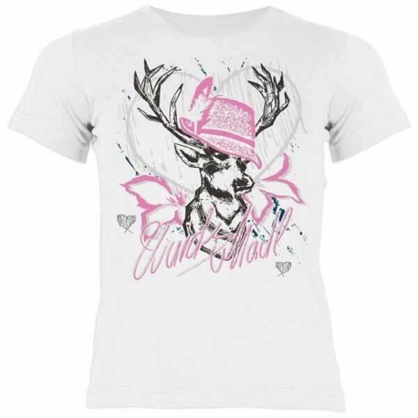 Tini - Shirts T-Shirt Mädchen Trachten Kindershirt Volksfest Trachten T-Shirt für Mädchen : Wuids Madl (Hut rosa)