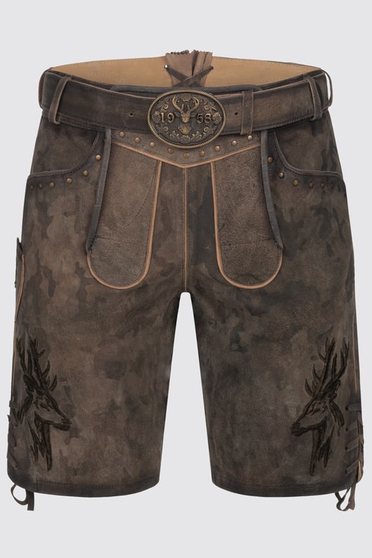 Die Lederhose Matze begeistert mit seinen ausgeprägten Geweih-Applikationen und modernen Nieten. Das Modell wurde im angesagten Military-Stil designt. Die Nubuk-Lederhose wurde aus hochwertigem Ziegenleder gewonnen. Ein passender Gürtel vervollständigt das Outfit.