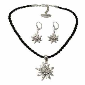 Alpenflüstern Ketten-Set Trachtenschmuck-Set Kordel-Trachtenkette und Ohrhänger Strass-Edelweiß (schwarz), – Damen-Trachten-Schmuck, Trachtenset Dirndl-Kette und Trachten-Ohrringe