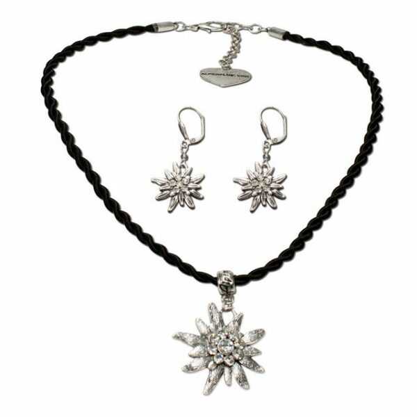 Alpenflüstern Ketten-Set Trachtenschmuck-Set Kordel-Trachtenkette und Ohrhänger Strass-Edelweiß (schwarz), - Damen-Trachten-Schmuck, Trachtenset Dirndl-Kette und Trachten-Ohrringe