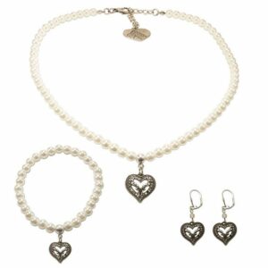 Alpenflüstern Ketten-Set Trachtenschmuck-Set Perlen-Trachtenkette, Trachten-Armband und Trachten-Ohrhänger Strassherz-Hirsch (creme-weiß), – Damen-Trachten-Schmuck, Trachtenset