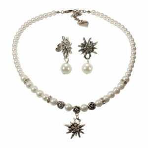 Alpenflüstern Ketten-Set Trachtenschmuck-Set Perlen-Trachtenkette und Perlen-Ohrstecker Strass-Edelweiß (creme-weiß), – Damen-Trachten-Schmuck, Trachtenset Dirndl-Kette und Trachten-Ohrringe