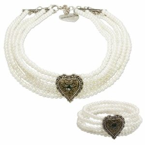 Alpenflüstern Ketten-Set Trachtenschmuck-Set Perlen-Trachtenkette und Trachten-Armband Margarethe (creme-weiß), – Damen-Trachten-Schmuck mit Trachten-Herz, Trachtenset Dirndl-Kette und Trachten-Armkette