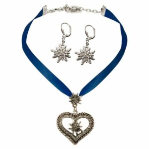 Alpenflüstern Ketten-Set Trachtenschmuck-Set Satin-Trachtenkette Strassedelweissherz und Trachten-Ohrhänger Strass-Edelweiss (blau), – Damen-Trachten-Schmuck, Trachtenset Trachtenkette und Trachten-Ohrringe