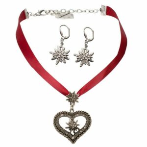 Alpenflüstern Ketten-Set Trachtenschmuck-Set Satin-Trachtenkette Strassedelweissherz und Trachten-Ohrhänger Strass-Edelweiss (rot), – Damen-Trachten-Schmuck, Trachtenset Trachtenkette und Trachten-Ohrringe