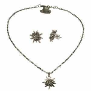 Alpenflüstern Ketten-Set Trachtenschmuck-Set Trachtenkette und Ohrstecker Strass-Edelweiß klein (antik-silber-farben), – Damen-Trachten-Schmuck, Trachtenset Dirndl-Kette und Trachten-Ohrringe