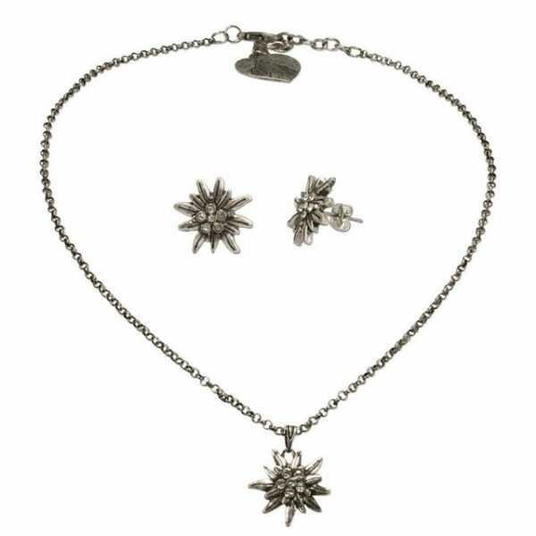 Alpenflüstern Ketten-Set Trachtenschmuck-Set Trachtenkette und Ohrstecker Strass-Edelweiß klein (antik-silber-farben), - Damen-Trachten-Schmuck, Trachtenset Dirndl-Kette und Trachten-Ohrringe