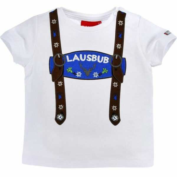 BONDI T-Shirt Baby Jungen Hosenträger Trachten Shirt "Lausbub" 91325, Kurzarm Weiß Blau