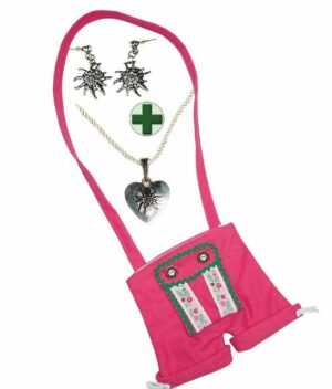 Karneval-Klamotten Trachten-Kostüm Oktoberfest Tasche pink und Halskette Ohrringe, Accessoires für Oktoberfest Bayer Tiroler Party Bierfeste