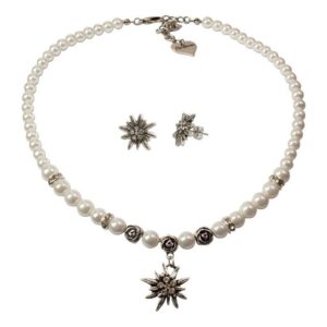 Alpenflüstern Ketten-Set Trachtenschmuck-Set Perlen-Trachtenkette und Ohrstecker Strass-Edelweiß (creme-weiß), – Damen-Trachten-Schmuck, Trachtenset Dirndl-Kette und Trachten-Ohrringe