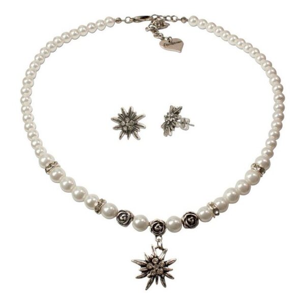 Alpenflüstern Ketten-Set Trachtenschmuck-Set Perlen-Trachtenkette und Ohrstecker Strass-Edelweiß (creme-weiß), - Damen-Trachten-Schmuck, Trachtenset Dirndl-Kette und Trachten-Ohrringe