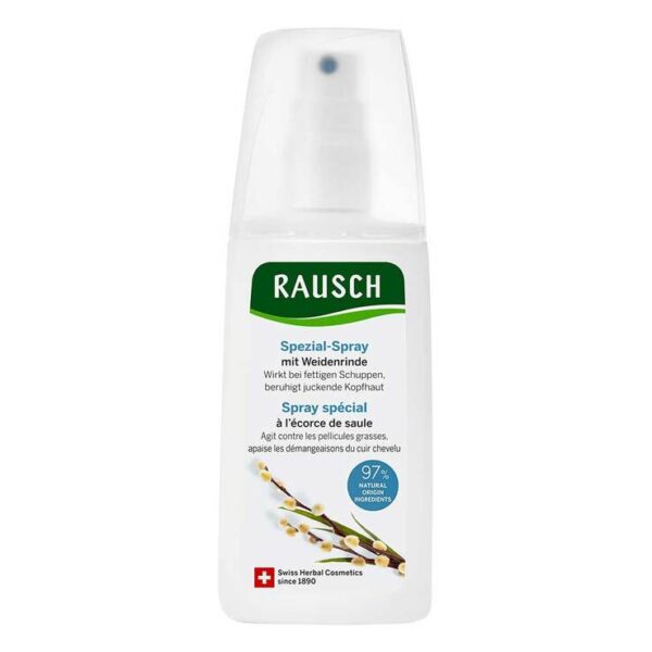 Rausch Spezial-Spray mit Weidenrinde - Hilfe bei fettigen Schuppen und Juckreiz.    Spezialpflege bei fettigen Schuppen und Juckreiz reduziert Schuppen und bekämpft deren Ursache hergestellt in der Schweiz mit Extrakten aus Weidenrinde