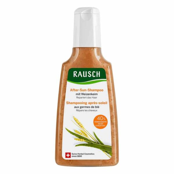 Rausch After-Sun-Shampoo mit Weizenkeim - Reparatur für trockenes oder sonnenstrapaziertes Haar.   reparierendes Shampoo für trockenes oder sonnenstrapaziertes Haar verbessert die Haarstruktur und intensiviert den Glanz nach nur einer Anwendung hergestellt in der Schweiz  mit hauseigenen Extrakten aus Weizenkeimen