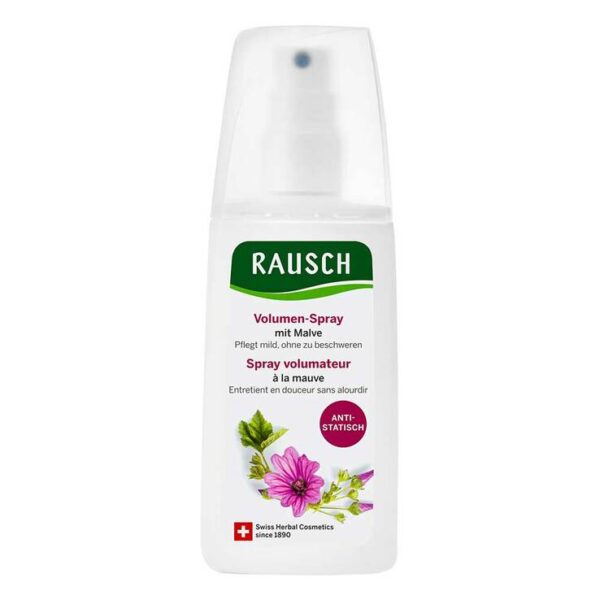 Rausch Volumen-Spray mit Malve - Natürliches Volumen für feines Haar.    Spray-Conditioner für Volumen bei feinem Haar mit anti-statischem Effekt hergestellt in der Schweiz  mit hauseigenen Extrakten aus Malvenblättern und Hirse silikonfrei und vegan glutenfrei