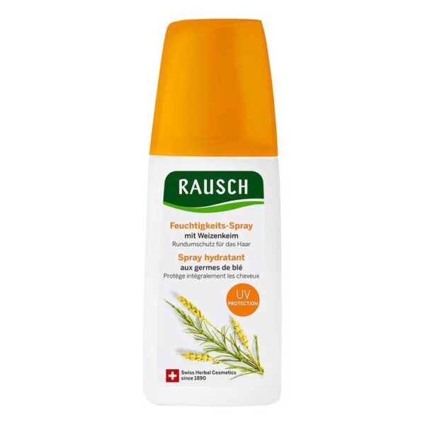 Rausch Feuchtigkeits-Spray mit Weizenkeim - Schutz für sonnenexponiertes Haar.     schützender Spray-Conditioner  mit UV-Schutz spendet Feuchtigkeit hergestellt in der Schweiz mit hauseigenen Extrakten aus Weizenkeimen und Drachenfrucht silikonfrei und vegan glutenfrei