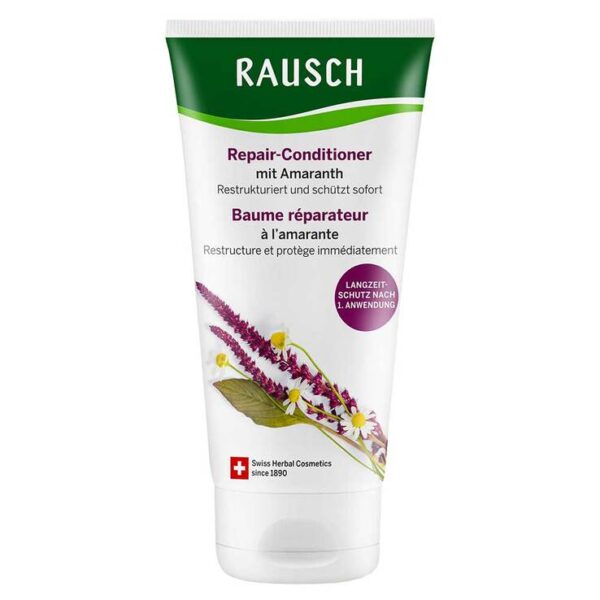 Rausch Repair-Conditioner mit Amaranth - Reparatur für strapaziertes Haar.    reparierender Conditioner für strapaziertes Haar Langzeitschutz nach nur einer Anwendung hergestellt in der Schweiz  mit Amaranthöl sowie hauseigenen Extrakten aus Kamillenblüten und Bio Fairtrade Quinoa silikonfrei