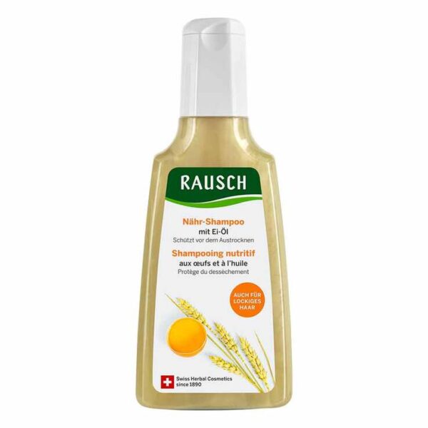 Rausch Nähr-Shampoo mit Ei-Öl - Geschmeidigkeit für trockenes Haar.    nährendes Shampoo für trockenes oder lockiges Haar schützt vor dem Austrocknen hergestellt in der Schweiz  mit Schweizer Bio-Hühnereigelb und Weizenkeim-Extrakt silikonfrei  glutenfrei