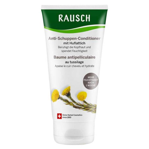 Rausch Anti-Schuppen-Conditioner mit Huflattich - Hilfe für schuppenfreies Haar.    feuchtigkeitsspendender Anti-Schuppen-Conditioner hilft bei trockenen Schuppen und juckender Kopfhaut hergestellt in der Schweiz  mit Extrakten aus Huflattich