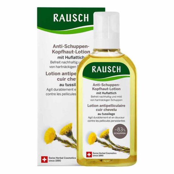 Rausch Anti-Schuppen-Kopfhaut-Lotion mit Huflattich 200 ml - Hilfe für schuppenfreies Haar   Spezial-Lotion bei trockenen Schuppen befreit von hartnäckigen Schuppen und juckender Kopfhaut hergestellt in der Schweiz  mit hauseigenen Extrakten aus Huflattich