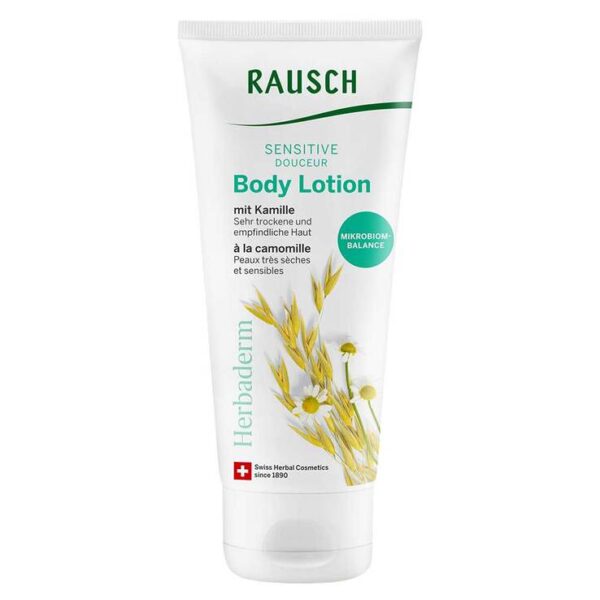 Rausch Sensitive Body Lotion mit Kamille - Sanfte Pflege für trockene und empfindliche Haut.    sanfte Body Lotion für trockene und empfindliche Haut mit präbiotischem und rückfettendem Inhaltsstoff hergestellt in der Schweiz  mit Extrakten aus Kamille