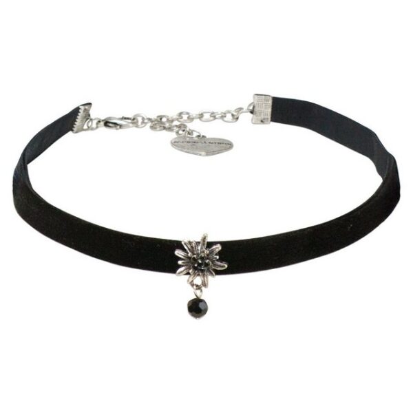 Alpenflüstern Choker Trachten-Samt-Kropfband Strass-Edelweiß Perle (schwarz), - nostalgische Trachtenkette enganliegend, Kropfkette elastisch, Damen-Trachtenschmuck, Samtkropfband schmal