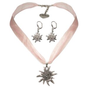 Alpenflüstern Ketten-Set Trachtenschmuck-Set Organza-Trachtenkette und Ohrhänger Strass-Edelweiß (rosa-ros), – Damen-Trachten-Schmuck, Trachtenset Dirndl-Kette und Trachten-Ohrringe