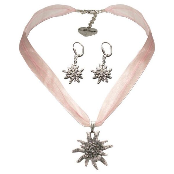 Alpenflüstern Ketten-Set Trachtenschmuck-Set Organza-Trachtenkette und Ohrhänger Strass-Edelweiß (rosa-ros), - Damen-Trachten-Schmuck, Trachtenset Dirndl-Kette und Trachten-Ohrringe