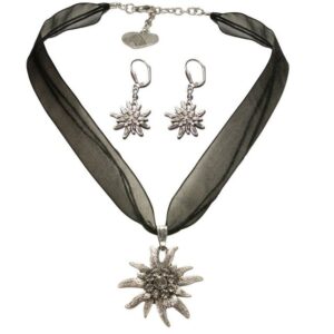 Alpenflüstern Ketten-Set Trachtenschmuck-Set Organza-Trachtenkette und Ohrhänger Strass-Edelweiß (schwarz), – Damen-Trachten-Schmuck, Trachtenset Dirndl-Kette und Trachten-Ohrringe