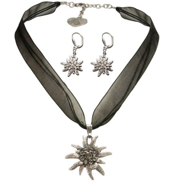 Alpenflüstern Ketten-Set Trachtenschmuck-Set Organza-Trachtenkette und Ohrhänger Strass-Edelweiß (schwarz), - Damen-Trachten-Schmuck, Trachtenset Dirndl-Kette und Trachten-Ohrringe