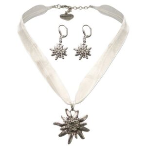 Alpenflüstern Ketten-Set Trachtenschmuck-Set Organza-Trachtenkette und Ohrhänger Strass-Edelweiß (weiß), – Damen-Trachten-Schmuck, Trachtenset Dirndl-Kette und Trachten-Ohrringe