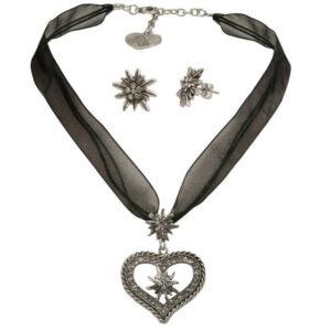 Alpenflüstern Ketten-Set Trachtenschmuck-Set Organzakette Strassedelweissherz und Ohrstecker Strassedelweiss (schwarz), – Damen-Trachten-Schmuck, Trachtenset Kette und Trachten-Ohrringe