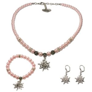 Alpenflüstern Ketten-Set Trachtenschmuck-Set Perlen-Trachtenkette, Armband & Ohrhänger Strass-Edelweiß (rosa-ros), – Damen Trachten-Schmuck, Trachtenset Dirndl-Kette, Armkette, Ohrringe