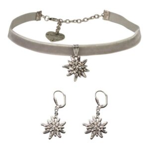 Alpenflüstern Ketten-Set Trachtenschmuck-Set Trachten-Samt-Kropfband und Ohrhänger Strass-Edelweiß (grau), – Damen-Trachten-Schmuck, Trachtenset Trachtenkette und Trachten-Ohrringe