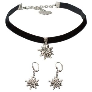 Alpenflüstern Ketten-Set Trachtenschmuck-Set Trachten-Samt-Kropfband und Ohrhänger Strass-Edelweiß (schwarz), – Damen-Trachten-Schmuck, Trachtenset Trachtenkette und Trachten-Ohrringe