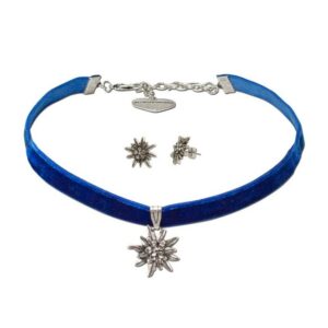 Alpenflüstern Ketten-Set Trachtenschmuck-Set Trachten-Samt-Kropfband und Ohrstecker Strass-Edelweiß (blau), – Damen-Trachten-Schmuck, Trachtenset Trachtenkette und Trachten-Ohrringe