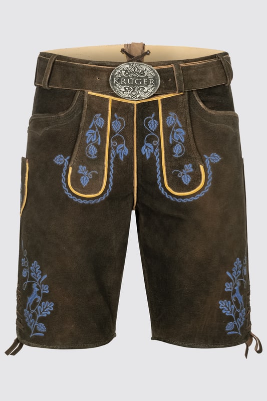 Die Lederhose Roland strahlt mit authentischen Blumenstickereien nicht nur Tradition