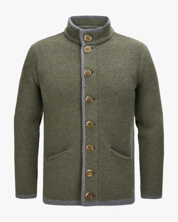 Reichenhall Trachten-Strickjacke für Herren von Schorsch Hackl in Khaki undGrau. Klassisch gestrickt und aus hochwertiger Lammwolle gefertigt