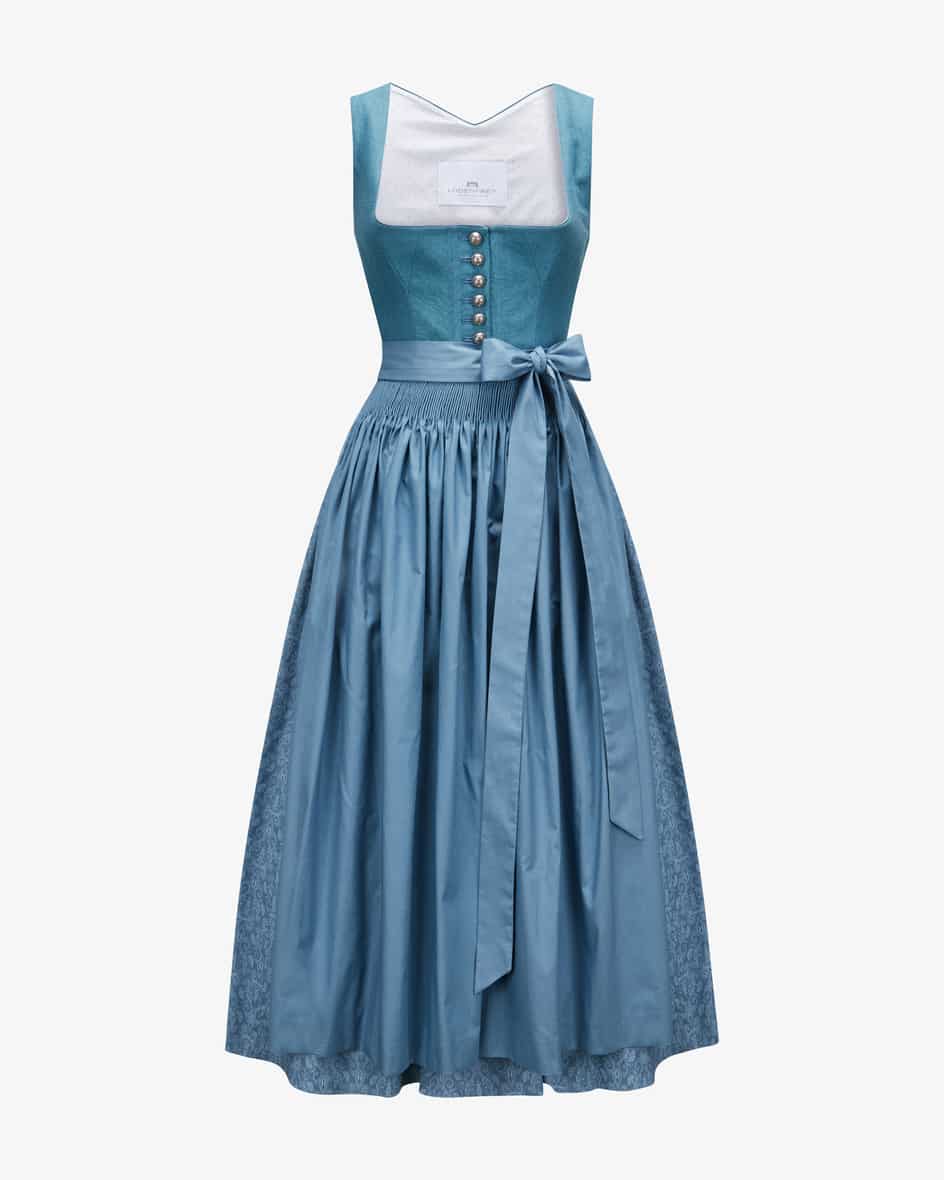 Midi-Dirndl mit Schürze für Damen von LODENFREY München 1842 in Blau. Dank desmodischen Paisley-Muster avanciert das Modell zum modischen Blickfang