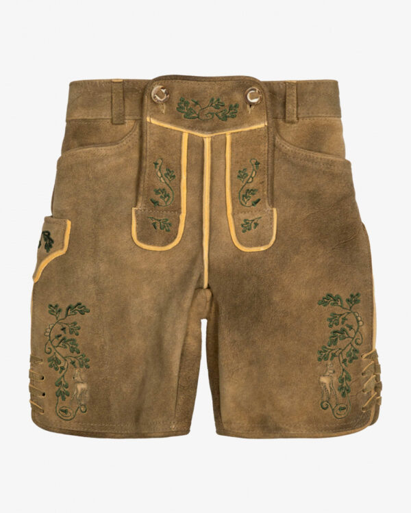 Wiesnlederhose für Jungen von LODENFREY in Braun und Grün. ErfreuenSiesich über die Mini-Modelle der Trachtenwelt