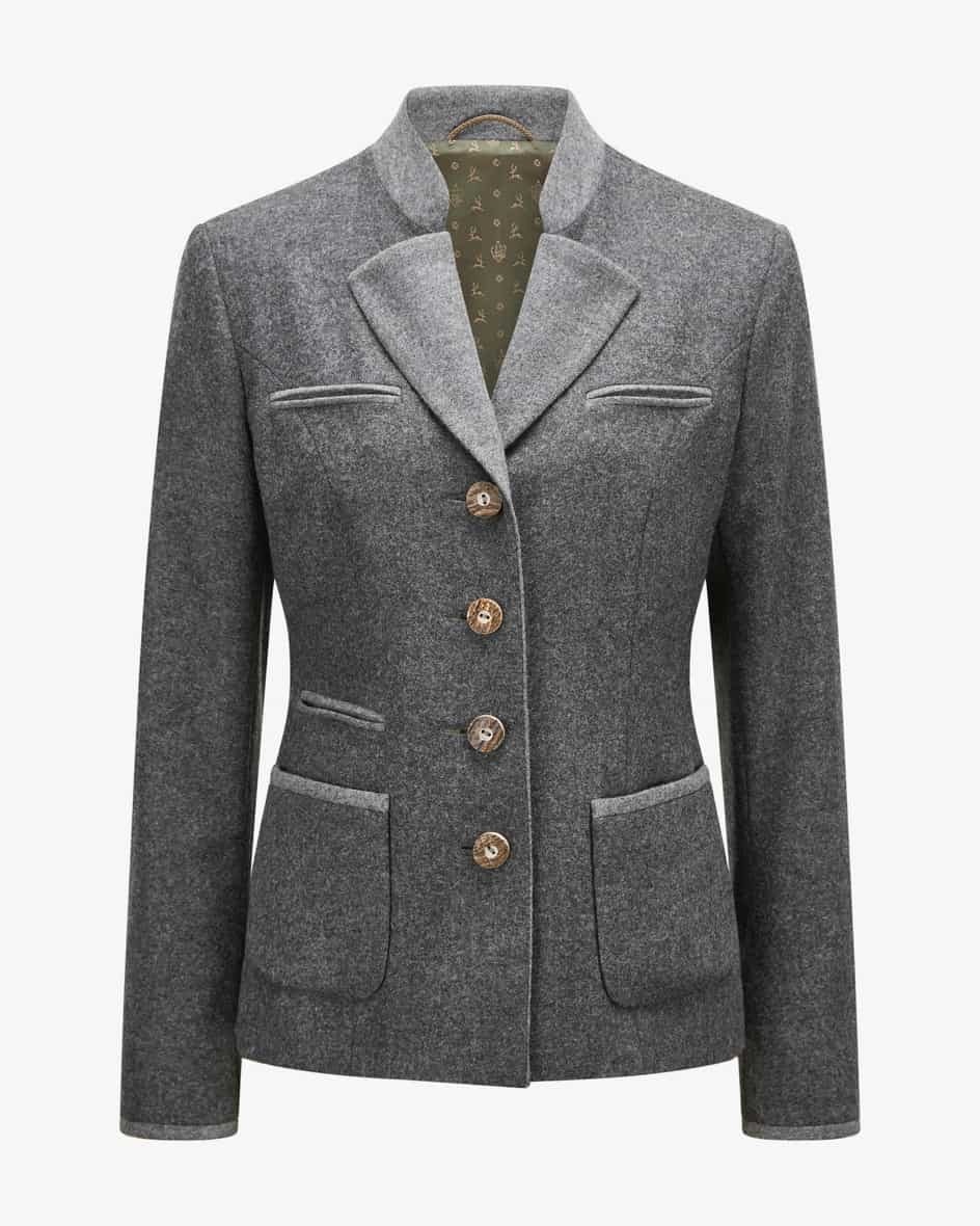 Lore Trachtenblazer für Damen von Habsburg in Anthrazit und Grau. Das Modell aushochwertigem Schurwoll-Mix präsentiert sich dank der Paspelierungen.... Mehr Details bei Lodenfrey.com!