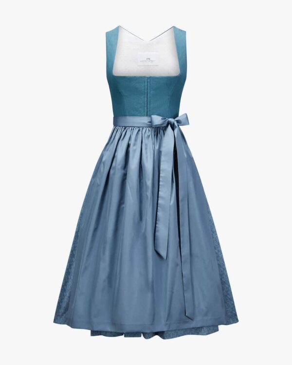 Midi-Dirndl mit Schürze für Damen von LODENFREY München 1842 in Blau. Dank desmodischen Paisley-Muster avanciert das Modell zum modischen Blickfang