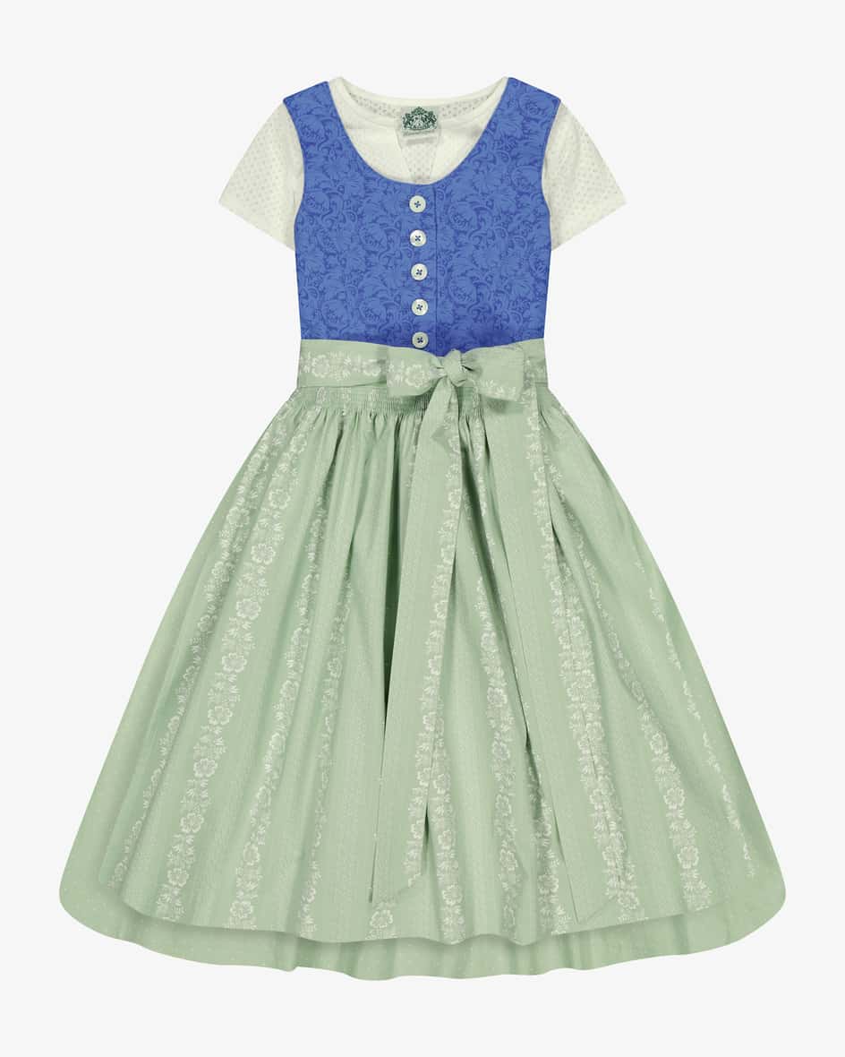 Bergsee Dirndl mit Bluse und Schürze für Mädchen in Blau und Salbei. Das Miederbegeistert mit floralem Dessin