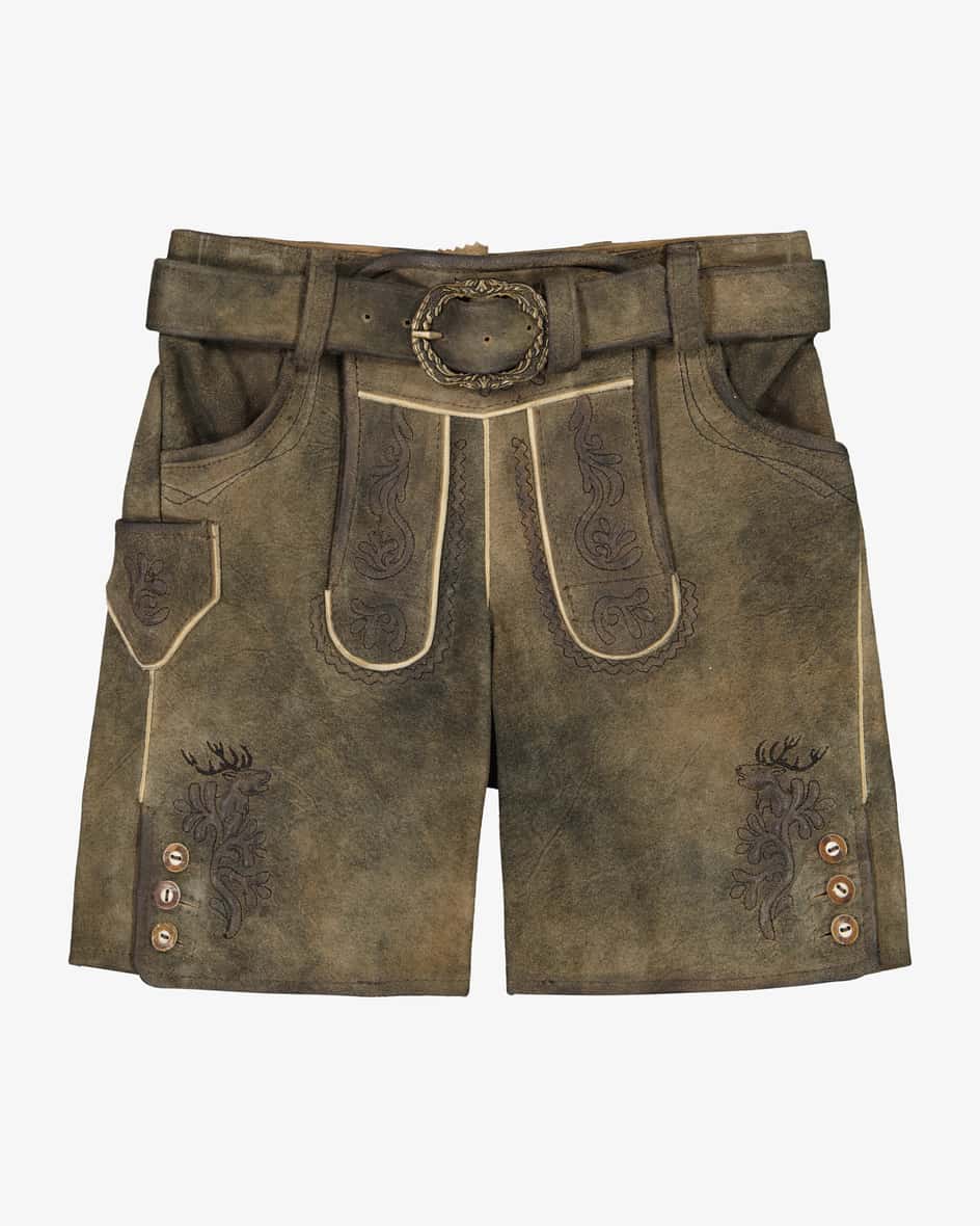 Achill Lederhose kurz für Jungen von Spieth & Wensky in Graubraun. Die Mini-Tracht zeichnet sich durch die hochwertige Leder-Verarbeitung aus