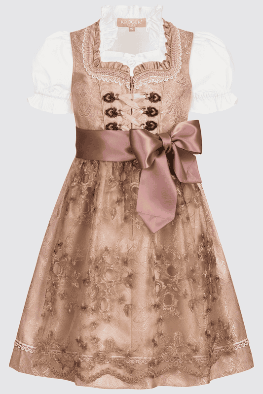 Das Kinderdirndl Kailia ist durch die Perlenschürze ein wahrer Blickfang! Das Dirndlkleid wird von einem romantischen Ornamenten-Muster geschmückt. Zarte Borten und Herz-Miederhaken zieren das Mieder.