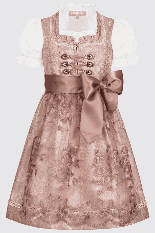 Das Kinderdirndl Kailia ist durch die Perlenschürze ein wahrer Blickfang! Das Dirndlkleid wird von einem romantischen Ornamenten-Muster geschmückt. Zarte Borten und Herz-Miederhaken zieren das Mieder.