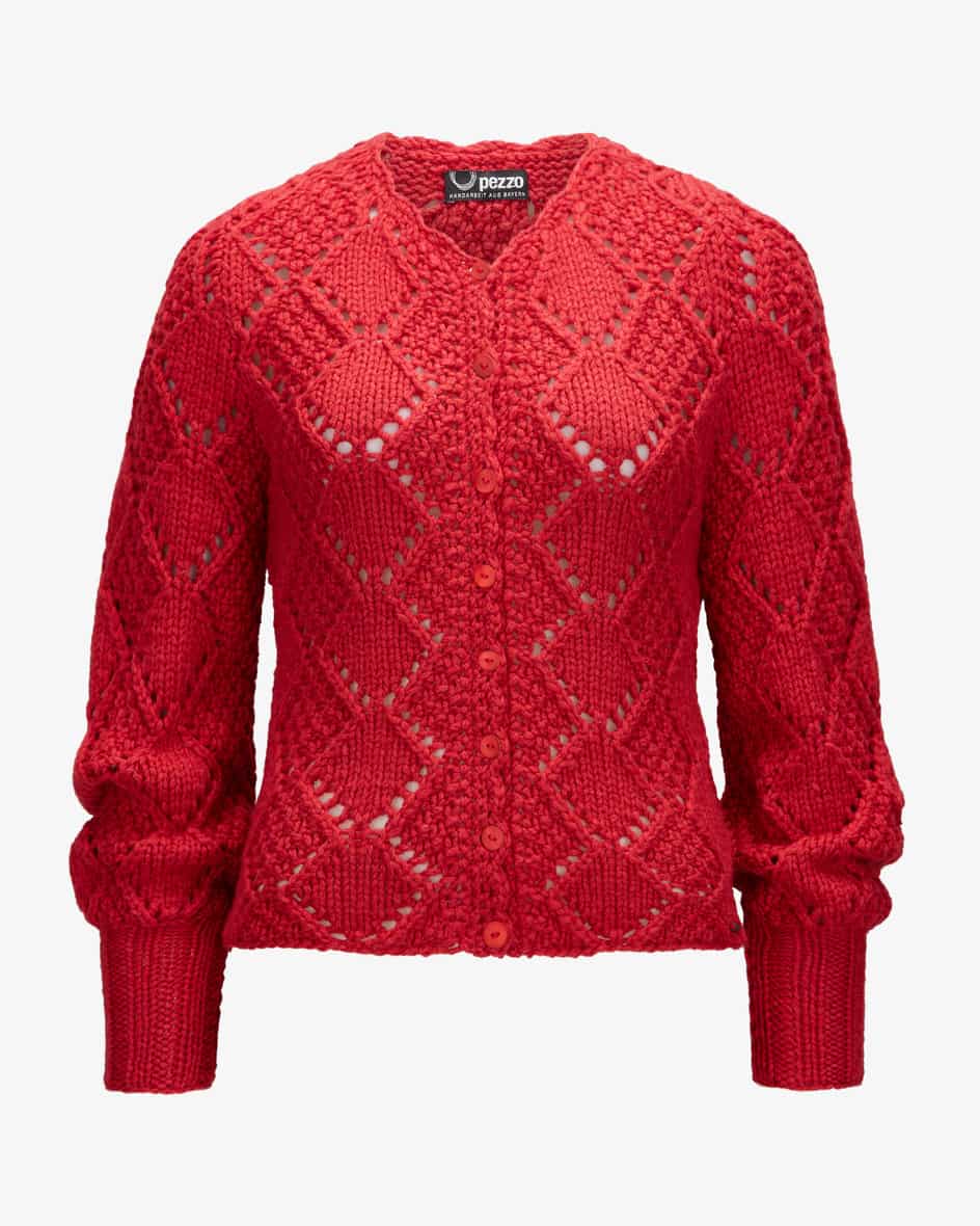 Trachten-Strickjacke für Damen von Pezzo in Rot. Mit diesem Modell ausangenehmem Merinowoll-Mix wird ein traditioneller Trachten-Liebling.... Mehr Details bei Lodenfrey.com!